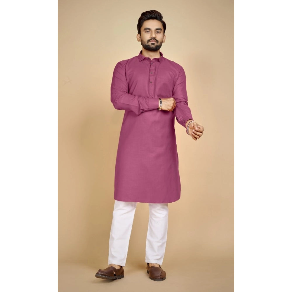 Generic Men's Cotton Blend Solid Full Sleeve Knee Length Kurta (Pink)