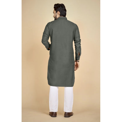 Generic Men's Cotton Blend Solid Full Sleeve Knee Length Kurta (Dark Green)