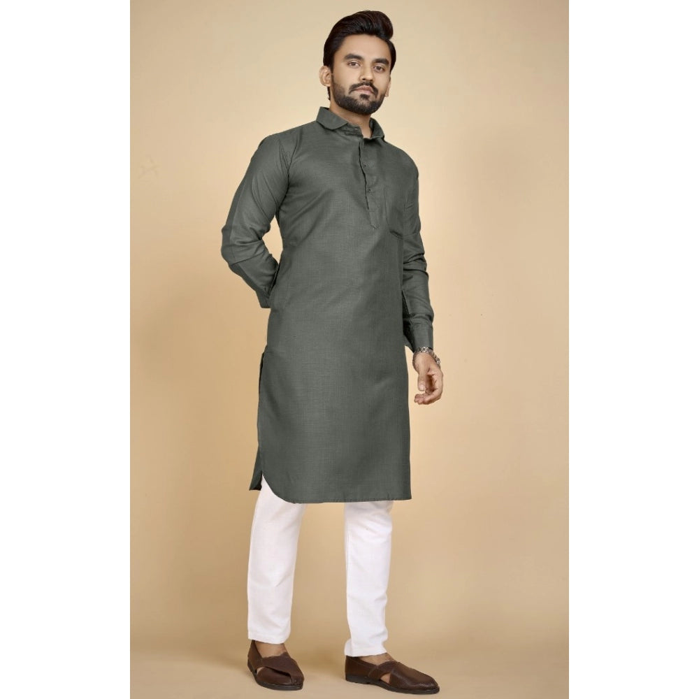 Generic Men's Cotton Blend Solid Full Sleeve Knee Length Kurta (Dark Green)