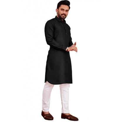 Generic Men's Cotton Blend Solid Full Sleeve Knee Length Kurta (Black)