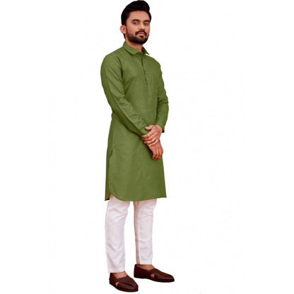 Generic Men's Cotton Blend Solid Full Sleeve Knee Length Kurta (Green)