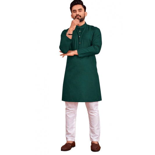 Generic Men's Cotton Blend Solid Full Sleeve Knee Length Kurta (Dark Green)