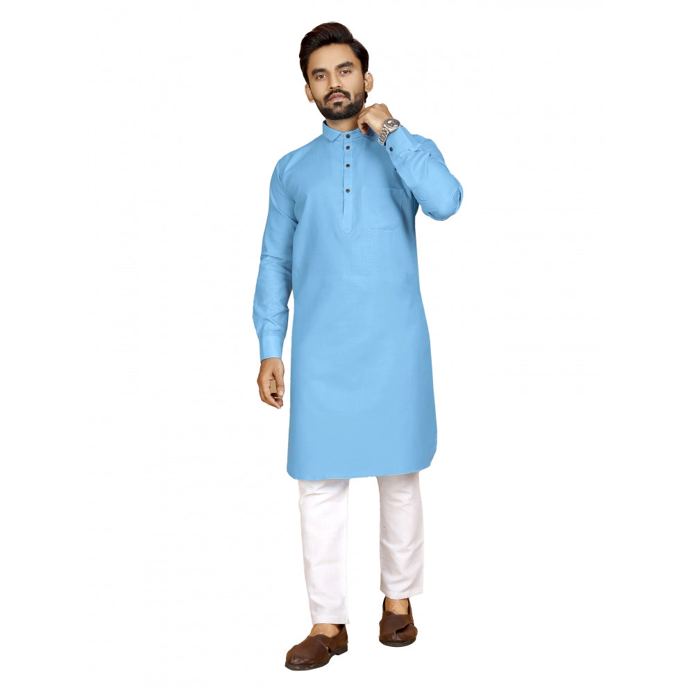 Generic Men's Cotton Blend Solid Full Sleeve Knee Length Kurta (Light Blue)