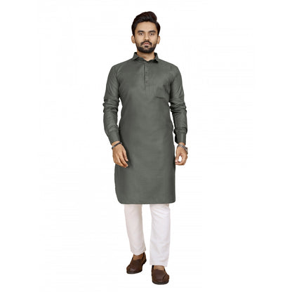 Generic Men's Cotton Blend Solid Full Sleeve Knee Length Kurta (Dark Green)