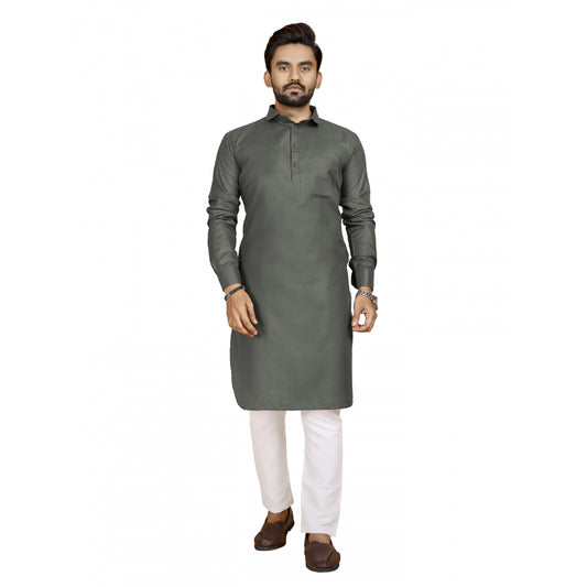 Generic Men's Cotton Blend Solid Full Sleeve Knee Length Kurta (Dark Green)