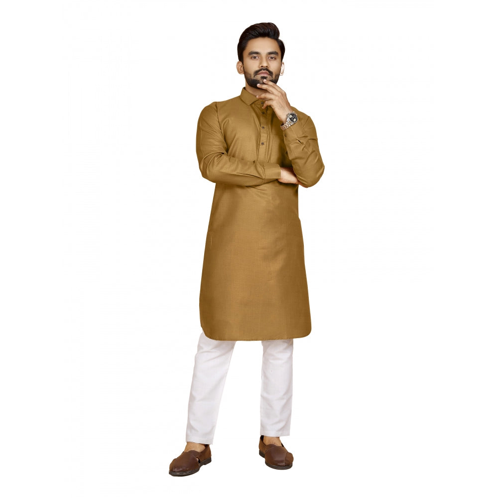 Generic Men's Cotton Blend Solid Full Sleeve Knee Length Kurta (Brown)