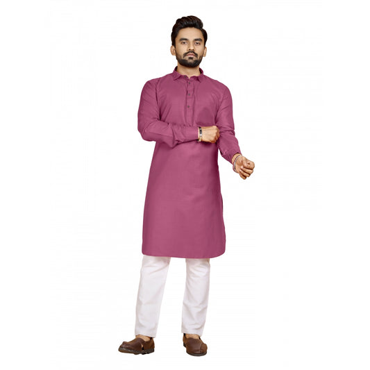 Generic Men's Cotton Blend Solid Full Sleeve Knee Length Kurta (Pink)