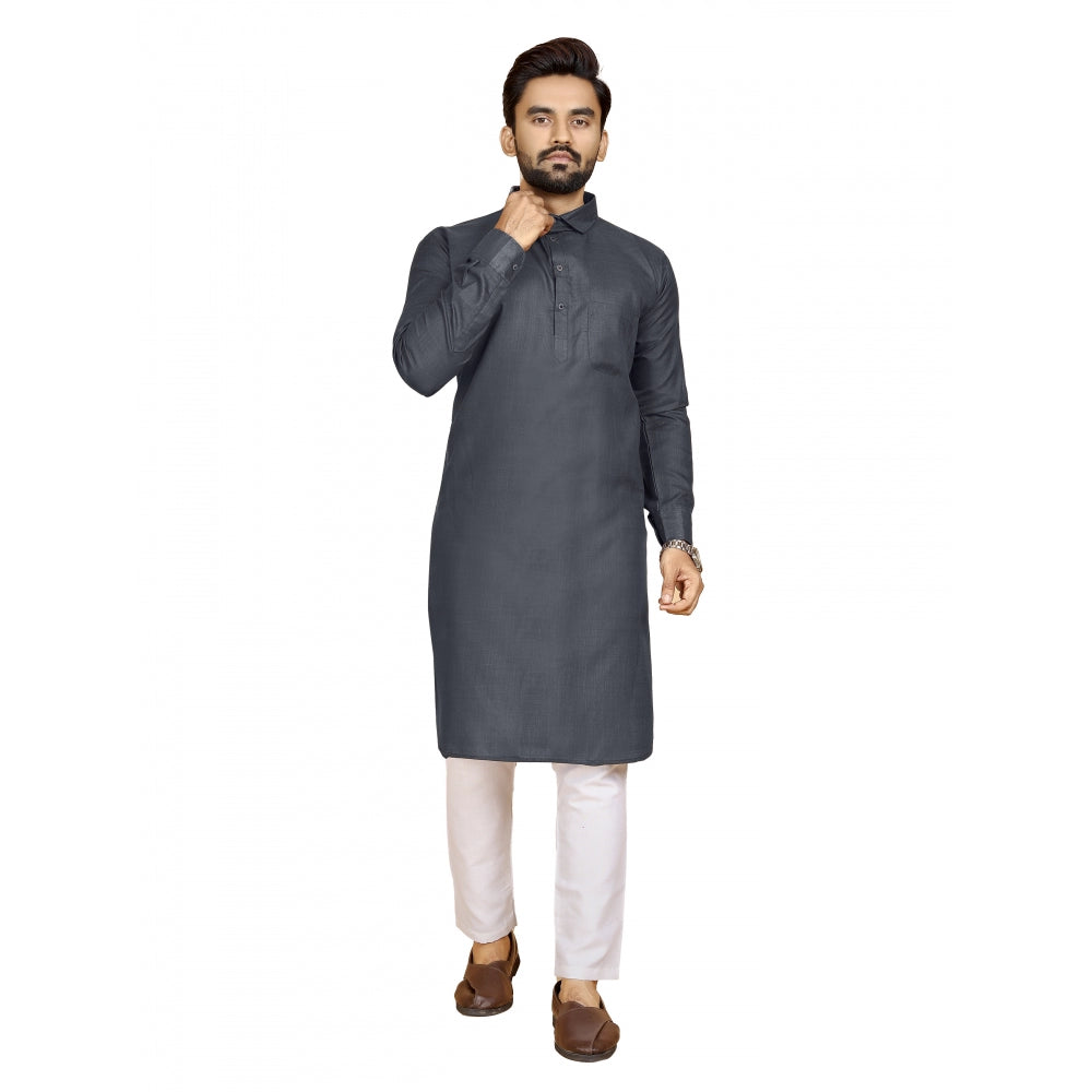 Generic Men's Cotton Blend Solid Full Sleeve Knee Length Kurta (Black)