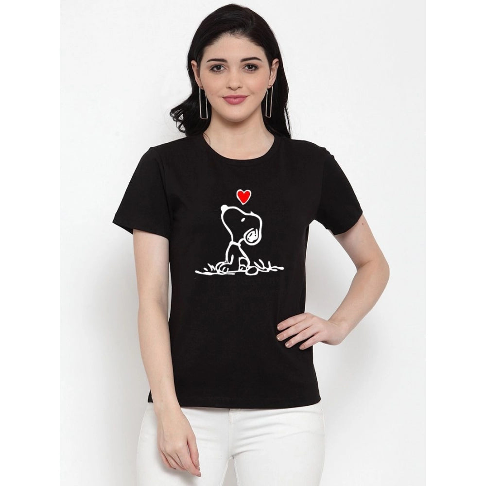 Generic Women's Cotton Blend Snoopy Peanuts Inspired Cartoon Printed T-Shirt (Black)