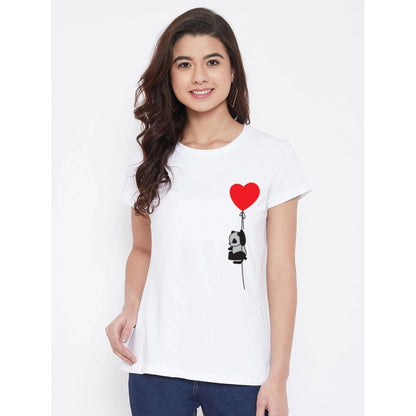 Generic Women's Cotton Blend Panda With Heart Balloon Printed T-Shirt (White)