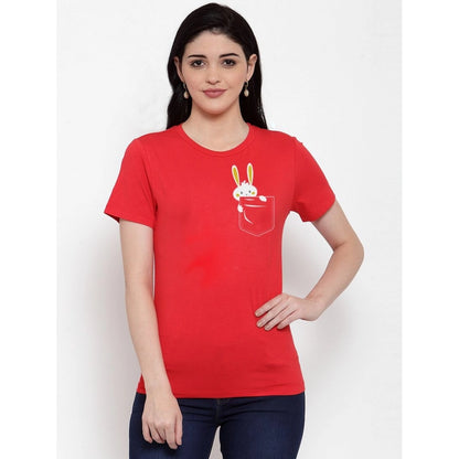 Generic Women's Cotton Blend Rabbit Printed T-Shirt (Red)