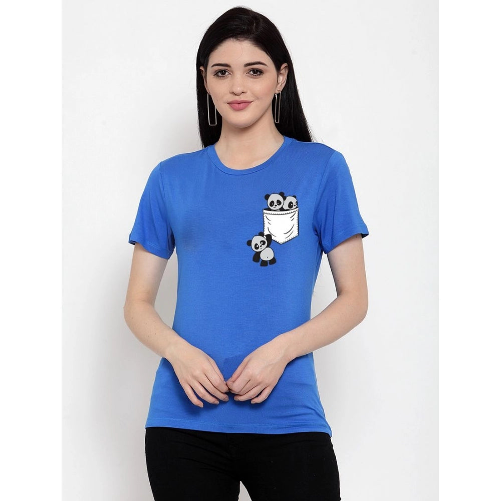 Generic Women's Cotton Blend Pandas In My Pocket Printed T-Shirt (Blue)