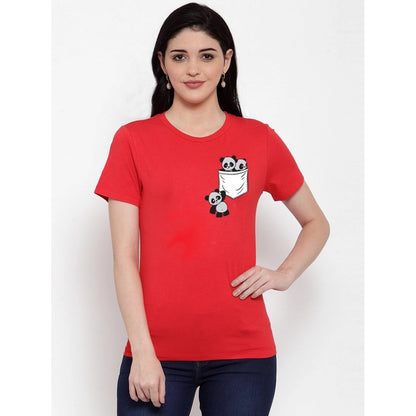 Generic Women's Cotton Blend Pandas In My Pocket Printed T-Shirt (Red)