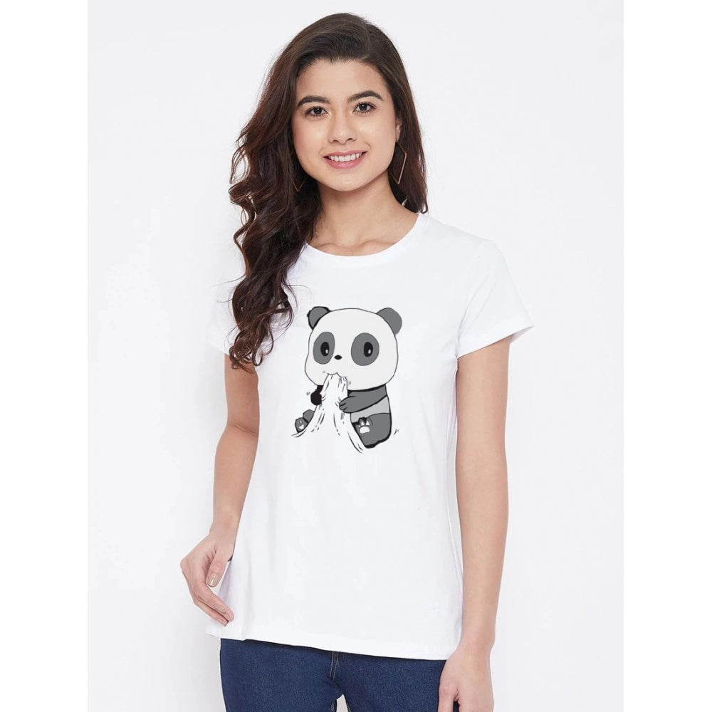 Generic Women's Cotton Blend Panda Bites Printed T-Shirt (White)