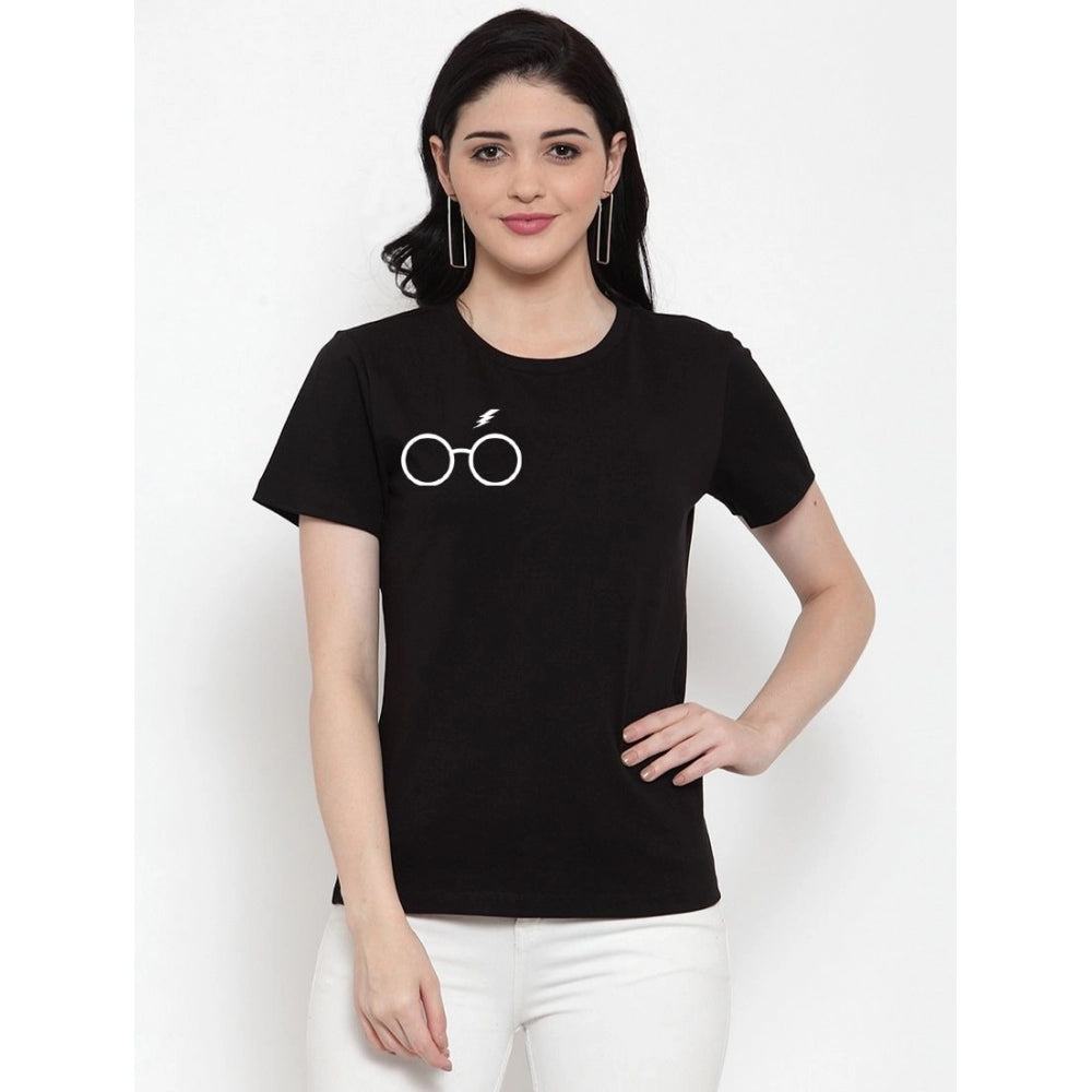 Generic Women's Cotton Blend Right Corner Black Eye Glasses Line Art Printed T-Shirt (Black)