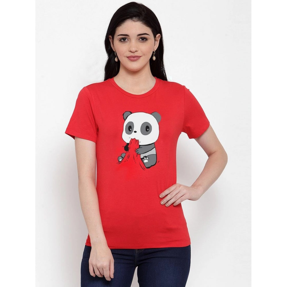 Generic Women's Cotton Blend Panda Bites Printed T-Shirt (Red)