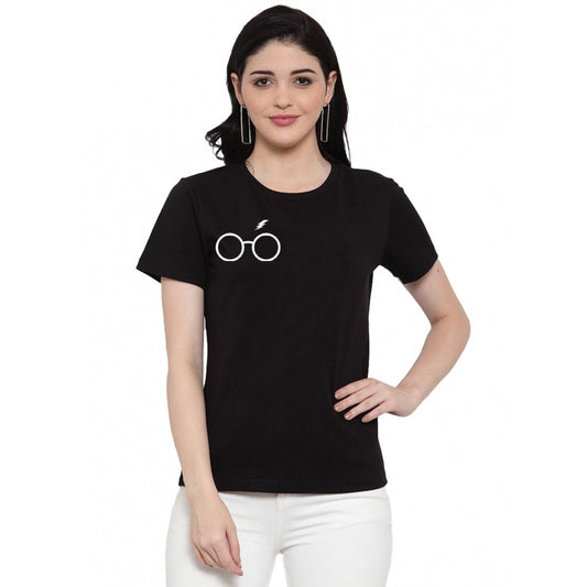 Generic Women's Cotton Blend Right Corner Black Eye Glasses Line Art Printed T-Shirt (Black)