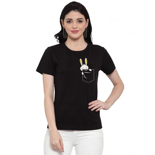 Generic Women's Cotton Blend Rabbit Printed T-Shirt (Black)