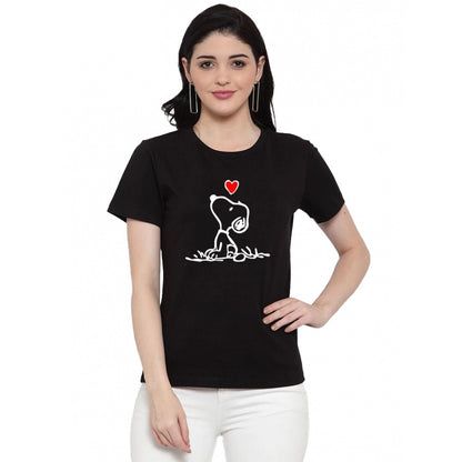 Generic Women's Cotton Blend Snoopy Peanuts Inspired Cartoon Printed T-Shirt (Black)