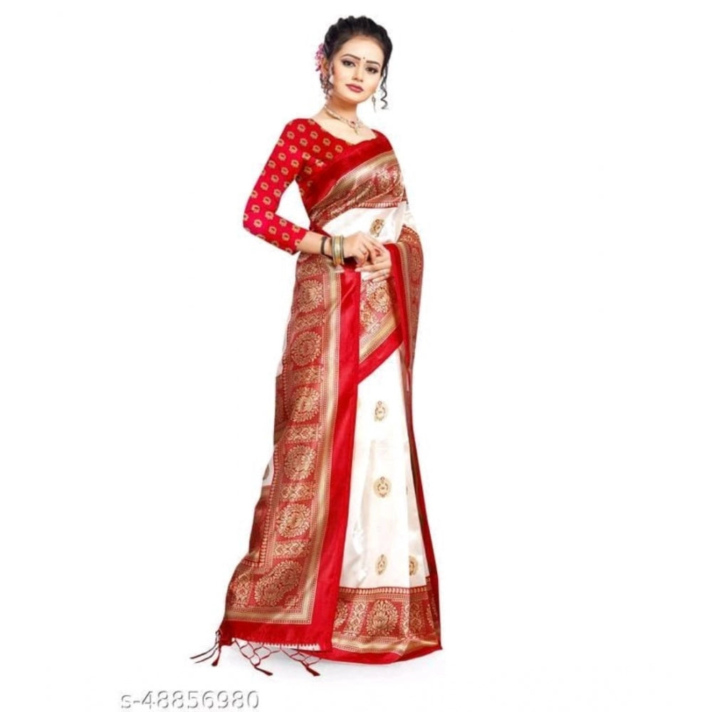 Generic Women's Art Silk Printed Saree With Unstitched Blouse (Red, 5-6 Mtrs)