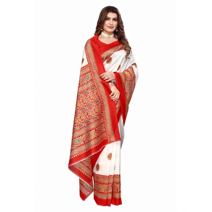 Generic Women's Art Silk Printed Saree With Unstitched Blouse (Red, 5-6 Mtrs)