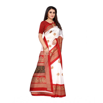 Generic Women's Art Silk Printed Saree With Unstitched Blouse (Red, 5-6 Mtrs)