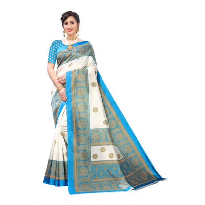 Generic Women's Art Silk Printed Saree With Unstitched Blouse (Blue, 5-6 Mtrs)