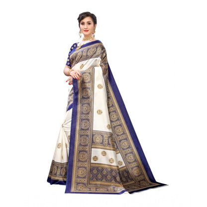 Generic Women's Art Silk Printed Saree With Unstitched Blouse (Navy Blue, 5-6 Mtrs)