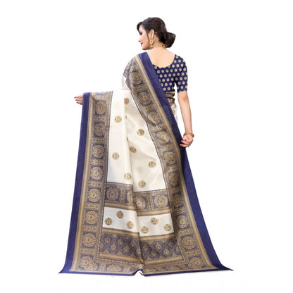 Generic Women's Art Silk Printed Saree With Unstitched Blouse (Navy Blue, 5-6 Mtrs)