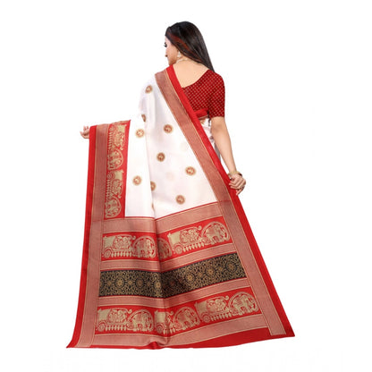 Generic Women's Art Silk Printed Saree With Unstitched Blouse (Red, 5-6 Mtrs)