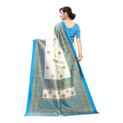 Generic Women's Art Silk Printed Saree With Unstitched Blouse (Blue, 5-6 Mtrs)