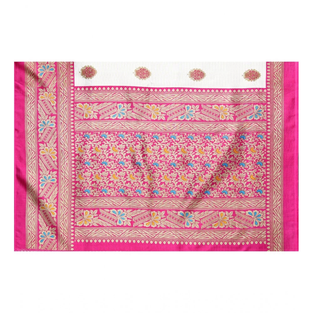 Generic Women's Art Silk Printed Saree With Unstitched Blouse (Pink, 5-6 Mtrs)