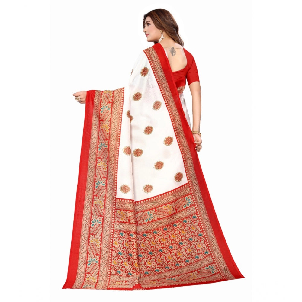 Generic Women's Art Silk Printed Saree With Unstitched Blouse (Red, 5-6 Mtrs)