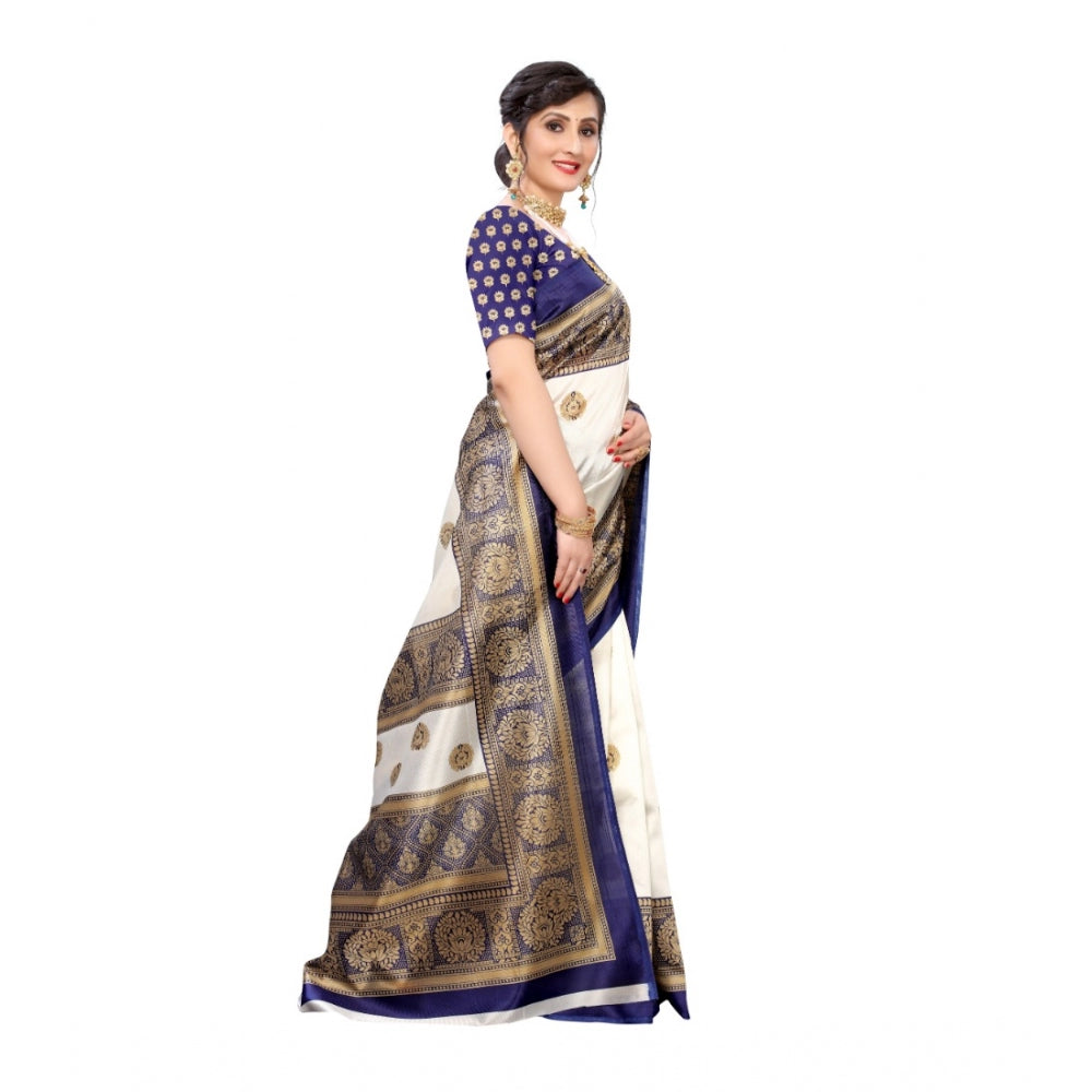 Generic Women's Art Silk Printed Saree With Unstitched Blouse (Navy Blue, 5-6 Mtrs)