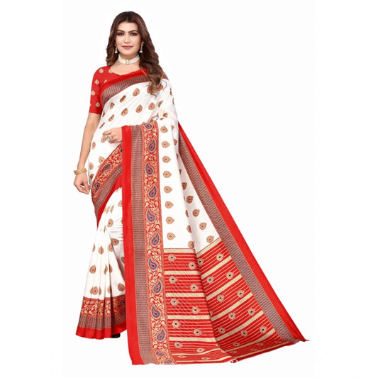 Generic Women's Art Silk Printed Saree With Unstitched Blouse (Red, 5-6 Mtrs)