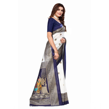 Generic Women's Art Silk Printed Saree With Unstitched Blouse (Navy Blue, 5-6 Mtrs)