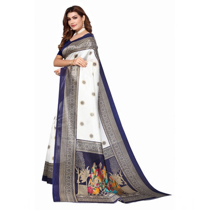 Generic Women's Art Silk Printed Saree With Unstitched Blouse (Navy Blue, 5-6 Mtrs)