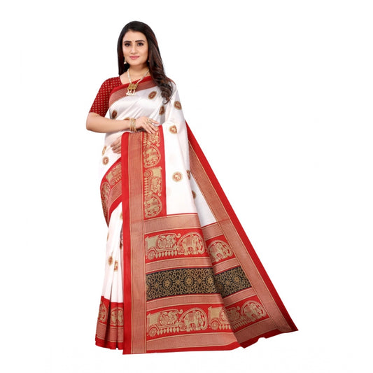 Generic Women's Art Silk Printed Saree With Unstitched Blouse (Red, 5-6 Mtrs)