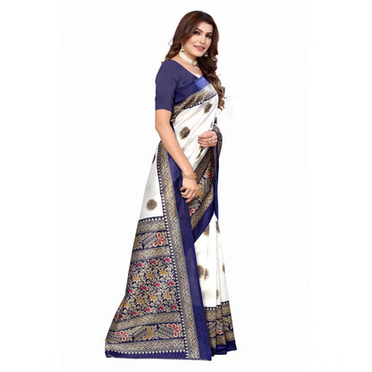 Generic Women's Art Silk Printed Saree With Unstitched Blouse (Navy Blue, 5-6 Mtrs)