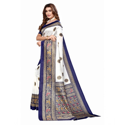 Generic Women's Art Silk Printed Saree With Unstitched Blouse (Navy Blue, 5-6 Mtrs)