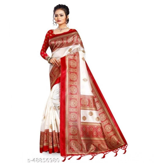 Generic Women's Art Silk Printed Saree With Unstitched Blouse (Red, 5-6 Mtrs)