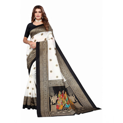 Generic Women's Art Silk Printed Saree With Unstitched Blouse (Black, 5-6 Mtrs)