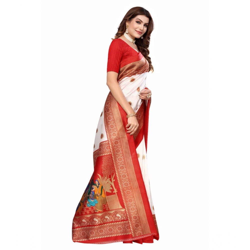 Generic Women's Art Silk Printed Saree With Unstitched Blouse (Red, 5-6 Mtrs)