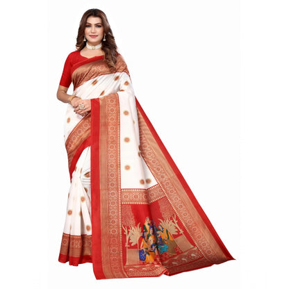 Generic Women's Art Silk Printed Saree With Unstitched Blouse (Red, 5-6 Mtrs)