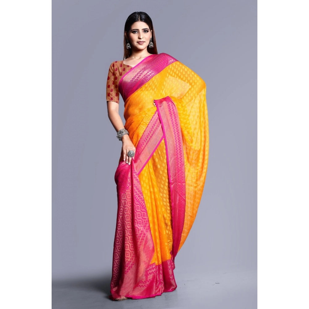 Generic Women's Viscose Rayon Printed Saree With Unstitched Blouse (Yellow)