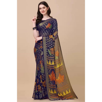 Generic Women's Viscose Rayon Printed Saree With Unstitched Blouse (Navy Blue)