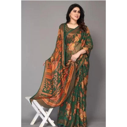 Generic Women's Viscose Rayon Printed Saree With Unstitched Blouse (Green)