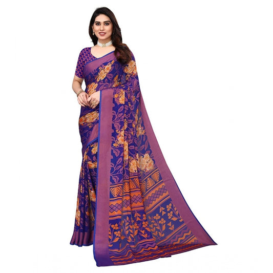 Generic Women's Viscose Rayon Printed Saree With Unstitched Blouse (Blue)