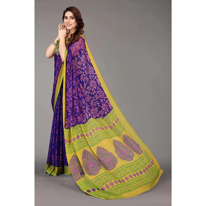 Generic Women's Viscose Rayon Printed Saree With Unstitched Blouse (Blue)