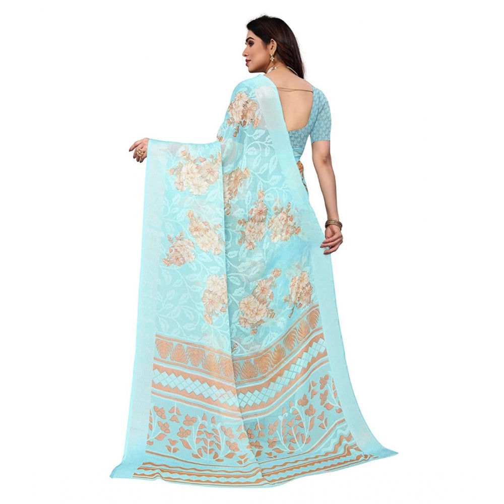 Generic Women's Viscose Rayon Printed Saree With Unstitched Blouse (Sky Blue)